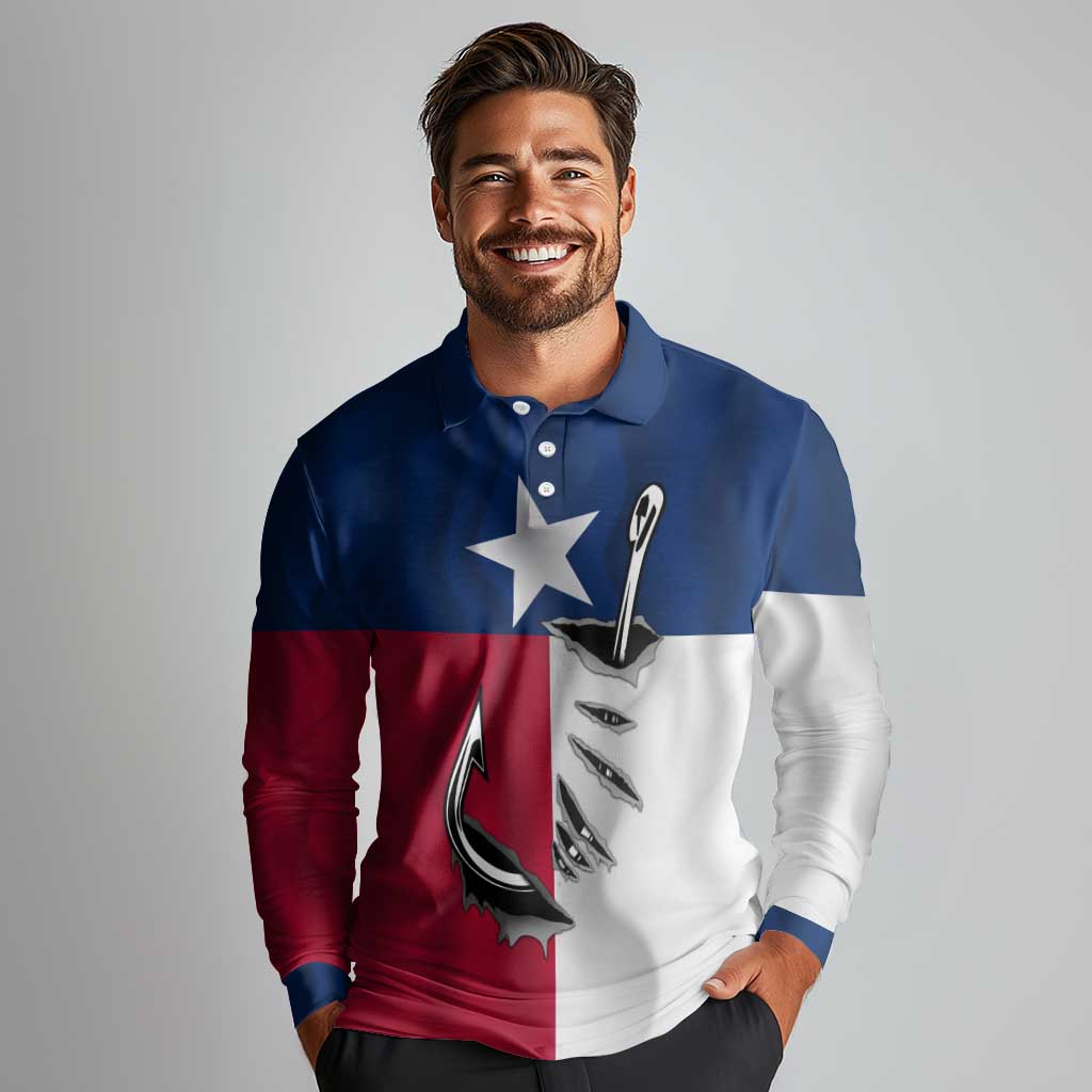 Texas Flag Fishing Long Sleeve Polo Shirt Hook and Fish Illustration and Custom Name Detail - Wonder Print Shop