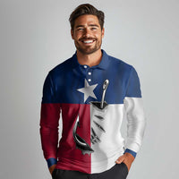 Texas Flag Fishing Long Sleeve Polo Shirt Hook and Fish Illustration and Custom Name Detail - Wonder Print Shop