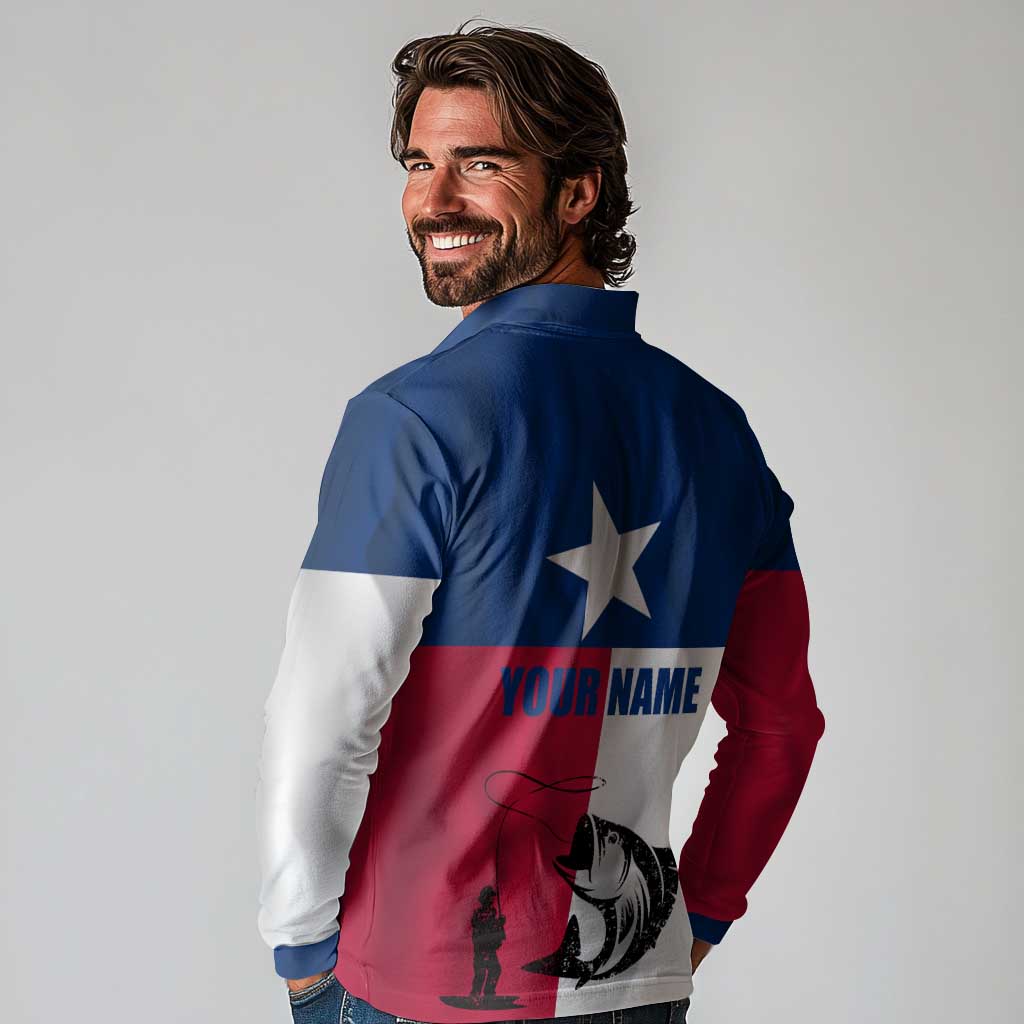 Texas Flag Fishing Long Sleeve Polo Shirt Hook and Fish Illustration and Custom Name Detail - Wonder Print Shop