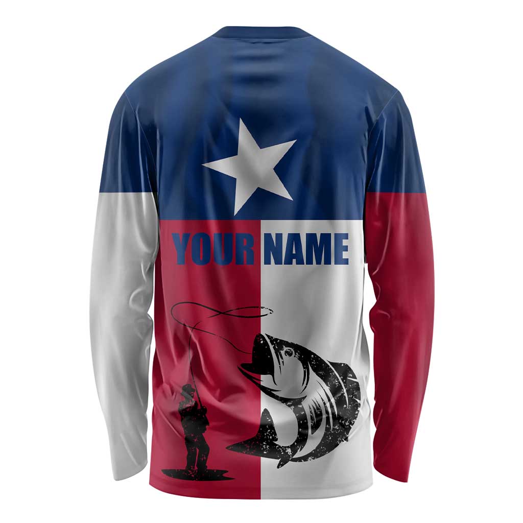Texas Flag Fishing Long Sleeve Shirt Hook and Fish Illustration and Custom Name Detail - Wonder Print Shop
