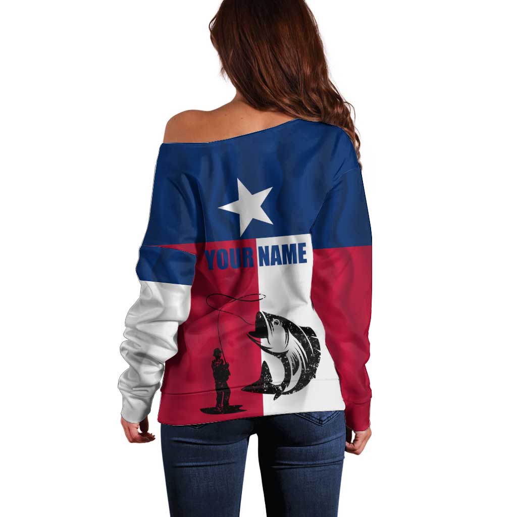 Texas Flag Fishing Off Shoulder Sweater Hook and Fish Illustration and Custom Name Detail - Wonder Print Shop