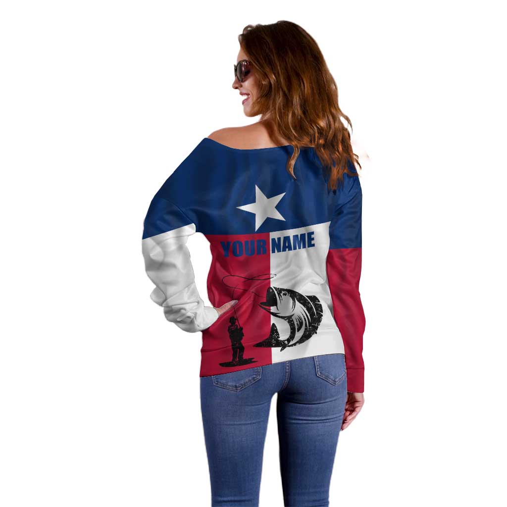 Texas Flag Fishing Off Shoulder Sweater Hook and Fish Illustration and Custom Name Detail - Wonder Print Shop