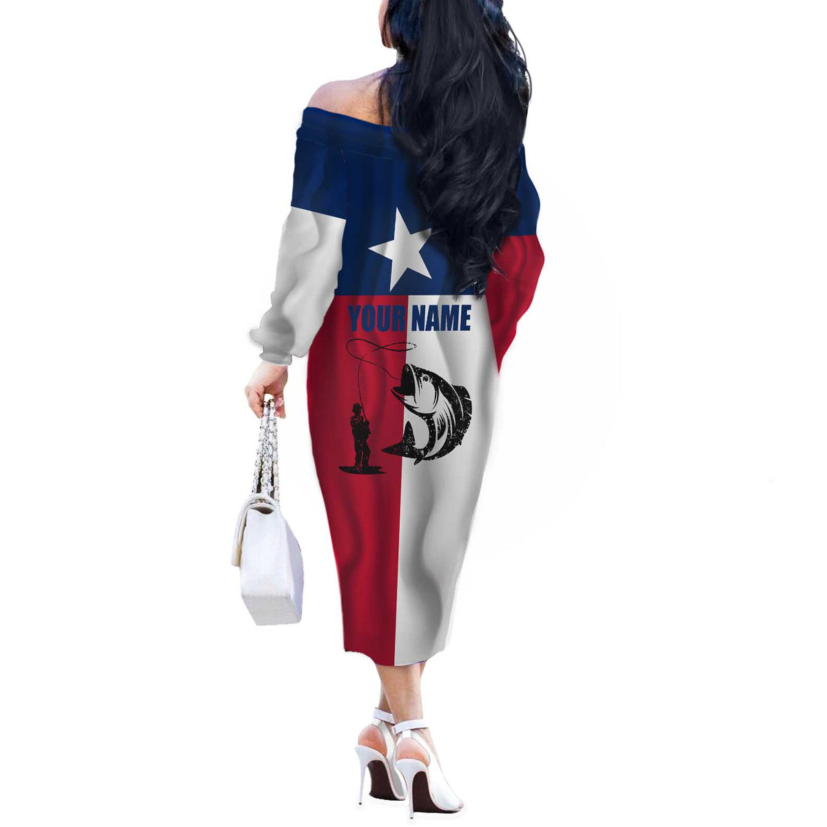 Texas Flag Fishing Off The Shoulder Long Sleeve Dress Hook and Fish Illustration and Custom Name Detail - Wonder Print Shop
