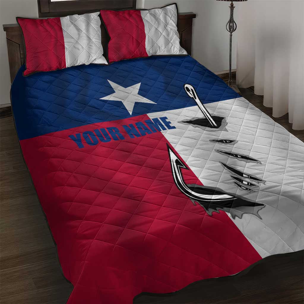 Texas Flag Fishing Quilt Bed Set Hook and Fish Illustration and Custom Name Detail - Wonder Print Shop
