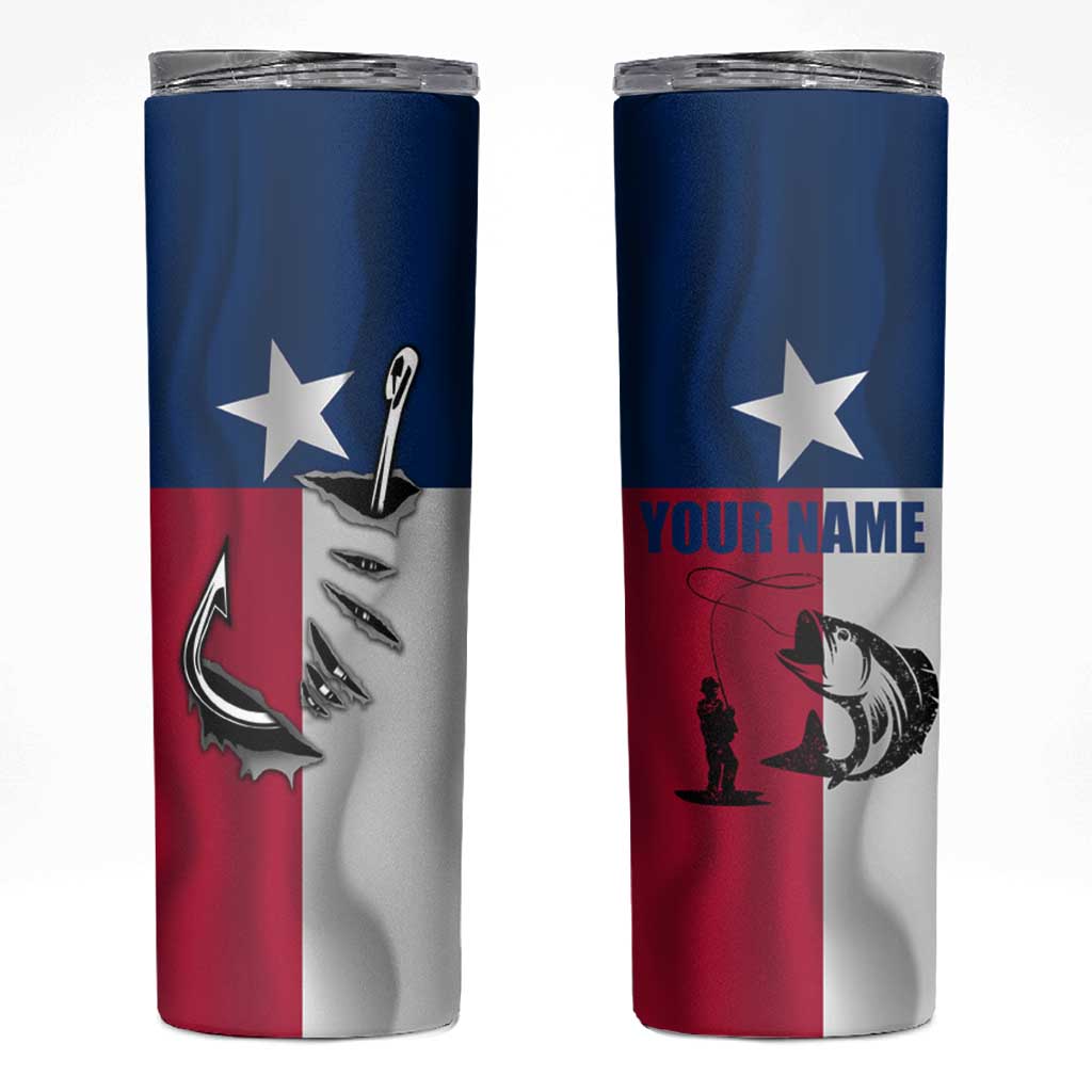 Texas Flag Fishing Skinny Tumbler Hook and Fish Illustration and Custom Name Detail - Wonder Print Shop