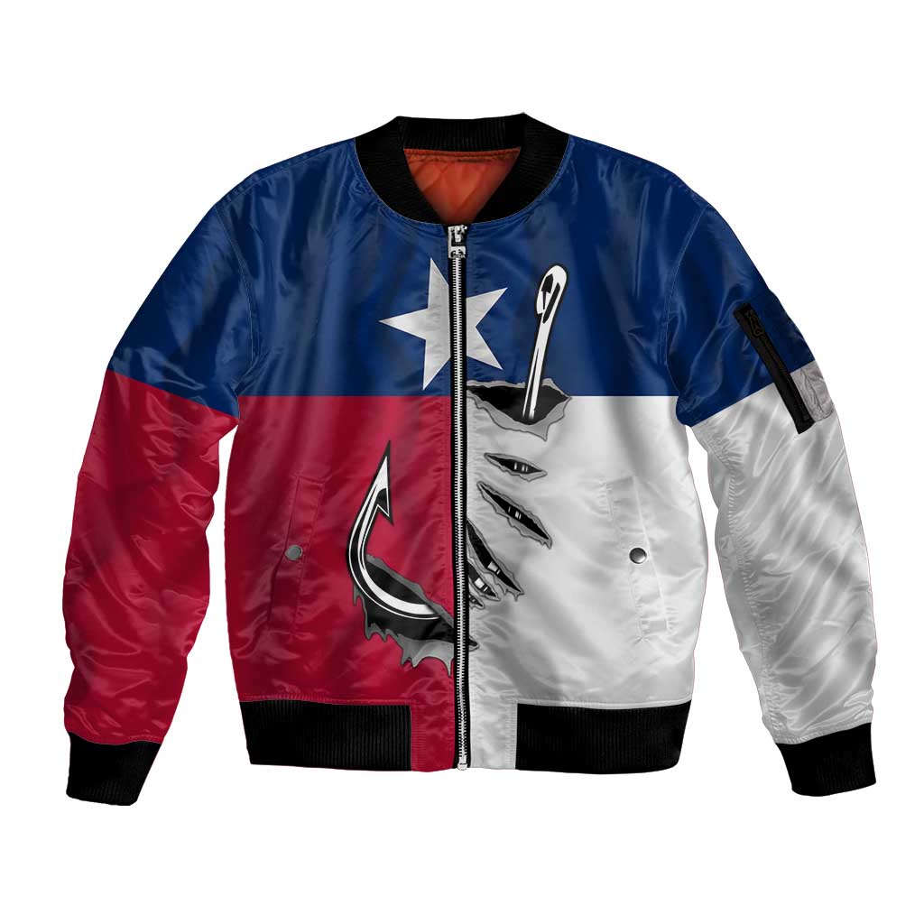 Texas Flag Fishing Sleeve Zip Bomber Jacket Hook and Fish Illustration and Custom Name Detail - Wonder Print Shop