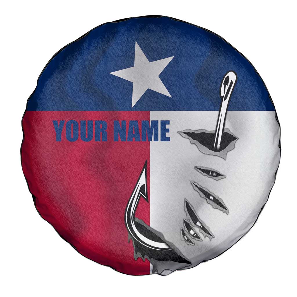 Texas Flag Fishing Spare Tire Cover Hook and Fish Illustration and Custom Name Detail - Wonder Print Shop