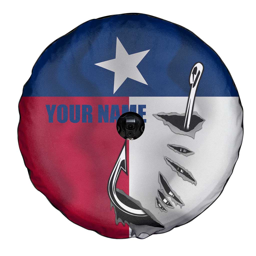 Texas Flag Fishing Spare Tire Cover Hook and Fish Illustration and Custom Name Detail - Wonder Print Shop