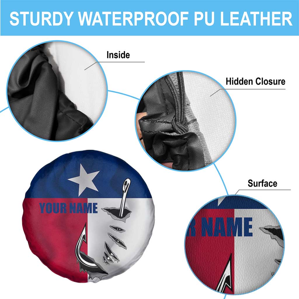 Texas Flag Fishing Spare Tire Cover Hook and Fish Illustration and Custom Name Detail - Wonder Print Shop