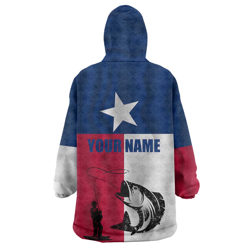 Texas Flag Fishing Wearable Blanket Hoodie Hook and Fish Illustration and Custom Name Detail - Wonder Print Shop