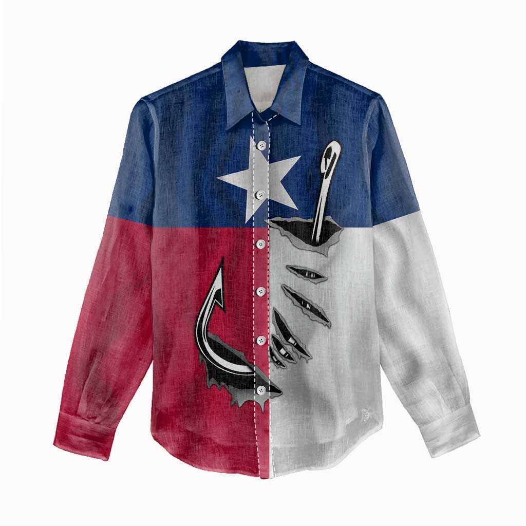 Texas Flag Fishing Women Casual Shirt Hook and Fish Illustration and Custom Name Detail - Wonder Print Shop