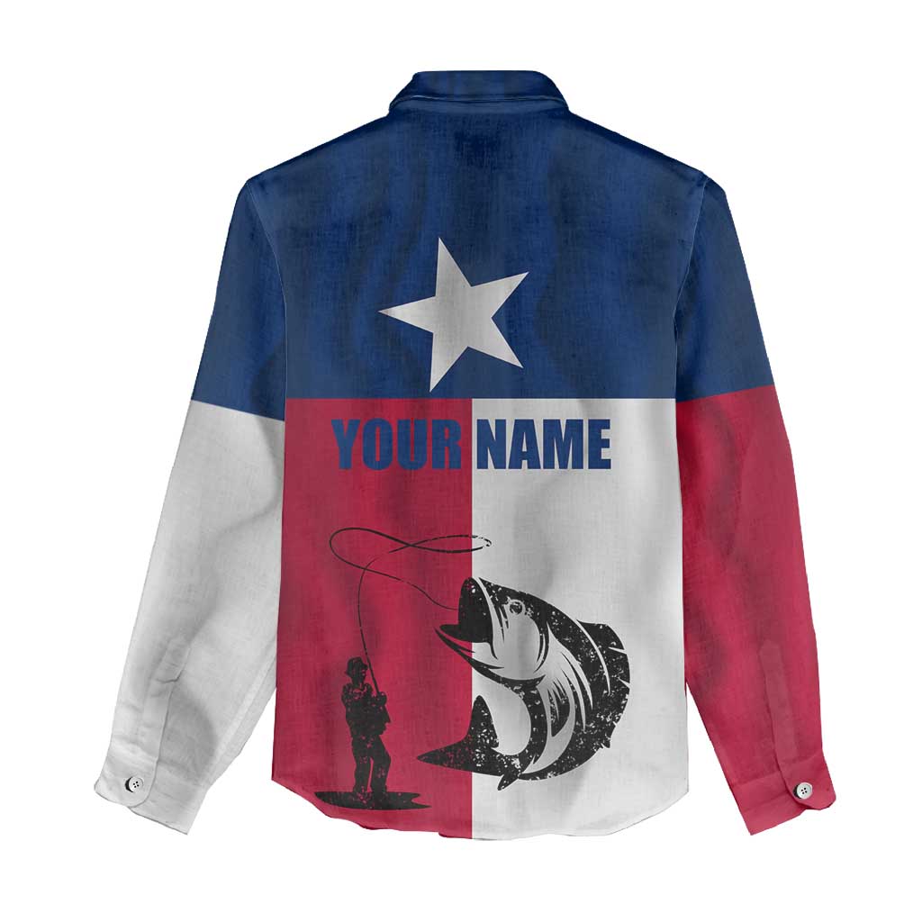 Texas Flag Fishing Women Casual Shirt Hook and Fish Illustration and Custom Name Detail - Wonder Print Shop