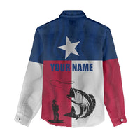 Texas Flag Fishing Women Casual Shirt Hook and Fish Illustration and Custom Name Detail - Wonder Print Shop