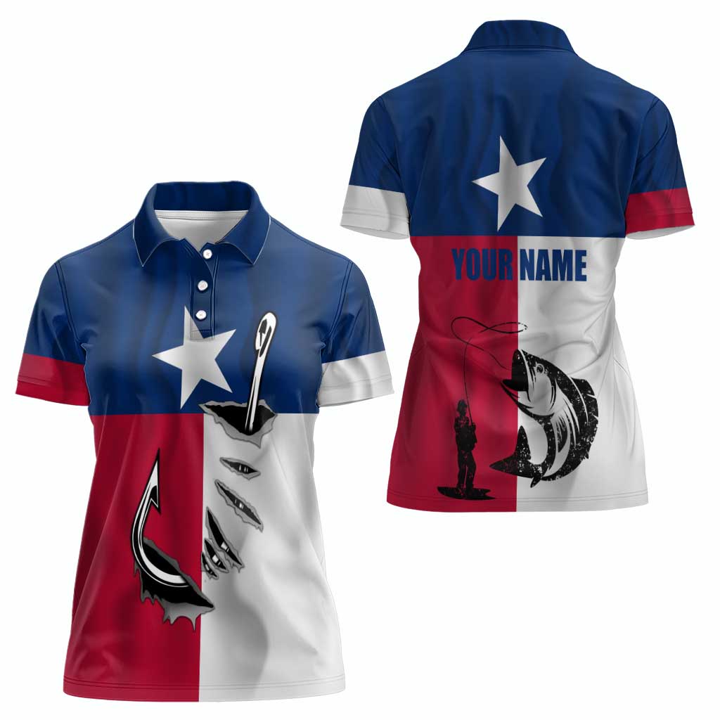 Texas Flag Fishing Women Polo Shirt Hook and Fish Illustration and Custom Name Detail - Wonder Print Shop