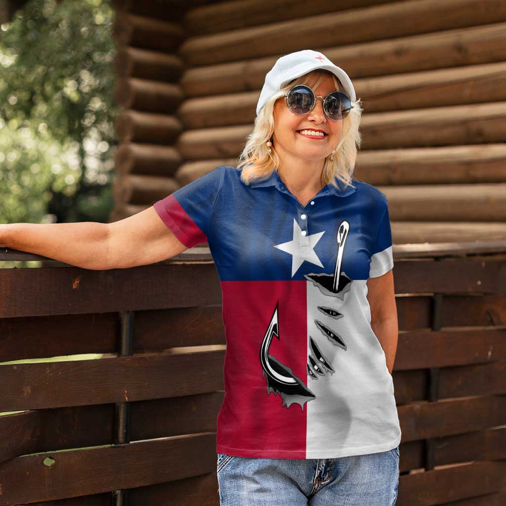 Texas Flag Fishing Women Polo Shirt Hook and Fish Illustration and Custom Name Detail - Wonder Print Shop