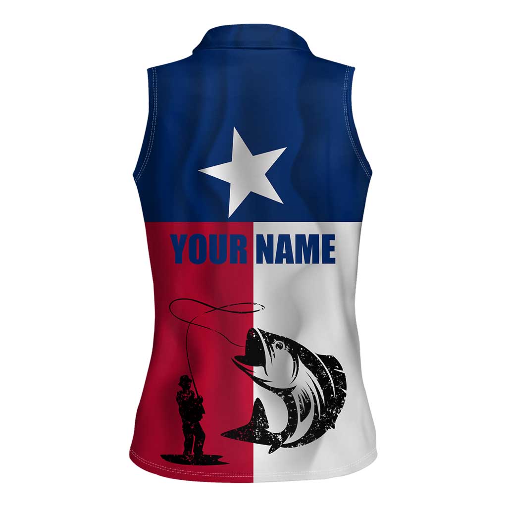 Texas Flag Fishing Women Sleeveless Polo Shirt Hook and Fish Illustration and Custom Name Detail - Wonder Print Shop