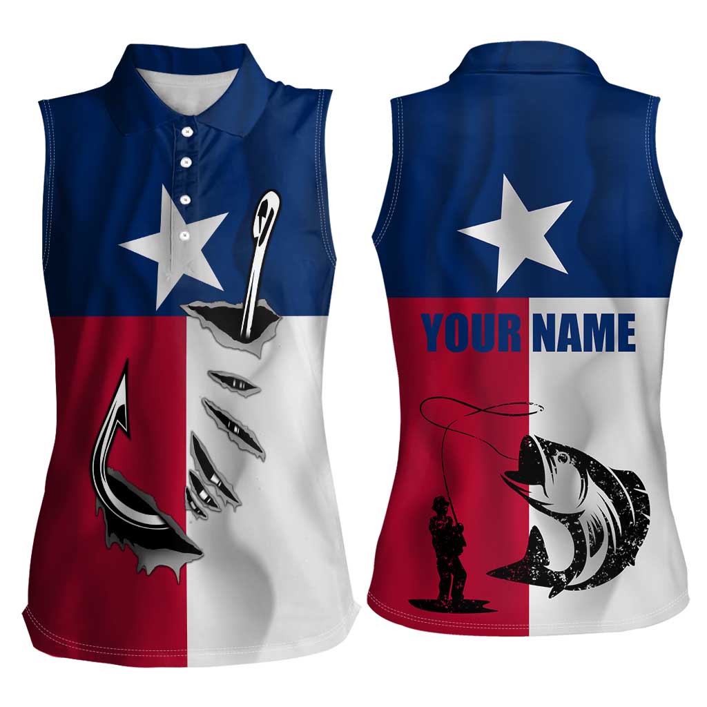 Texas Flag Fishing Women Sleeveless Polo Shirt Hook and Fish Illustration and Custom Name Detail - Wonder Print Shop