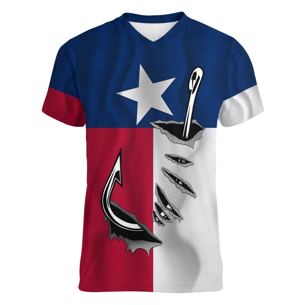 Texas Flag Fishing Women V-Neck T-Shirt Hook and Fish Illustration and Custom Name Detail - Wonder Print Shop