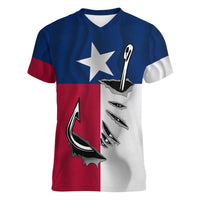 Texas Flag Fishing Women V-Neck T-Shirt Hook and Fish Illustration and Custom Name Detail - Wonder Print Shop