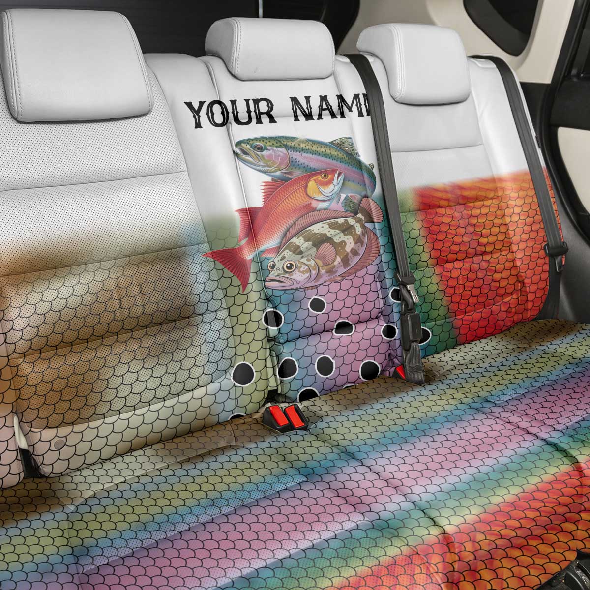 Multicolor Fish Pattern Design Back Car Seat Cover Fishing Scaled Texture and Custom Name Print - Wonder Print Shop