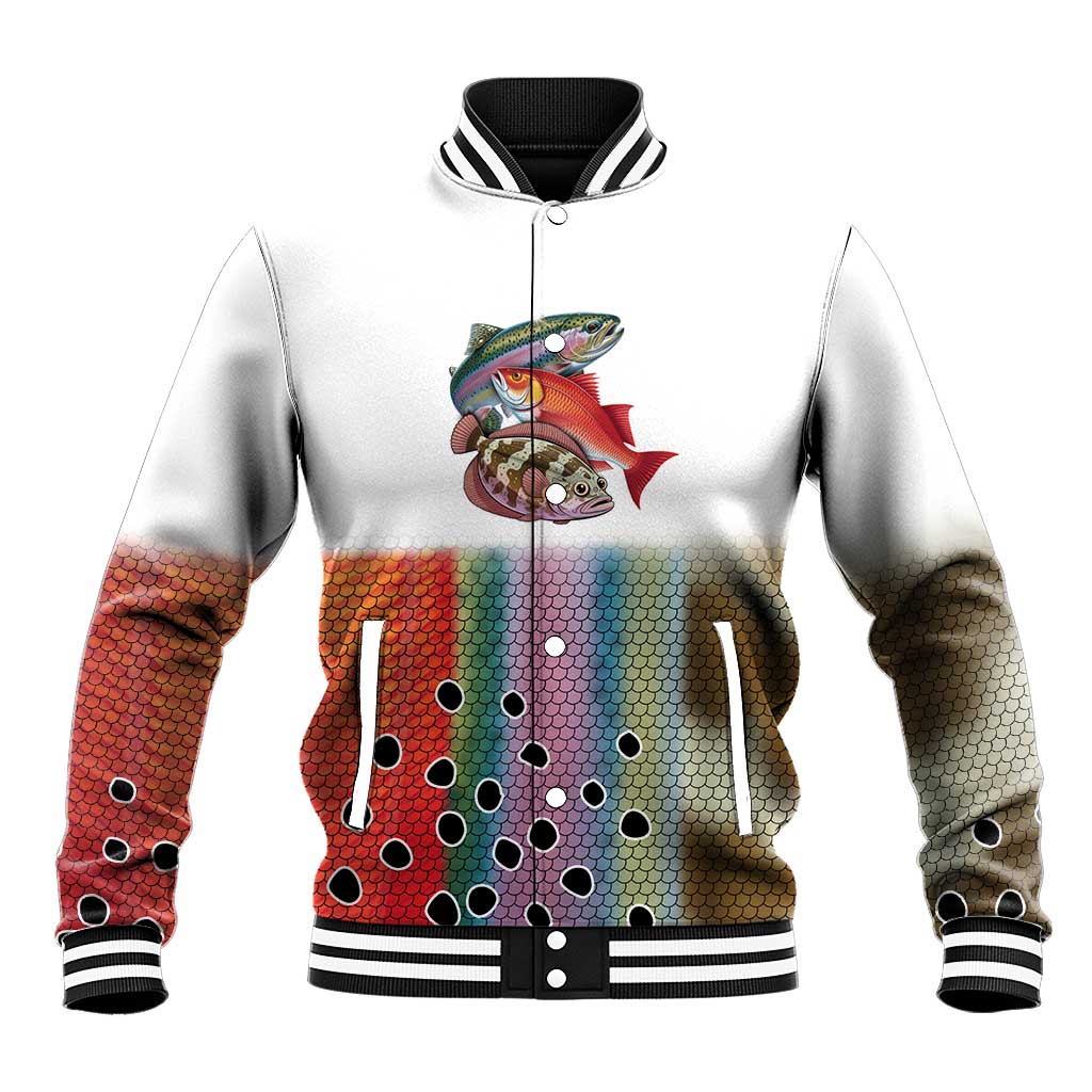 Multicolor Fish Pattern Design Baseball Jacket Fishing Scaled Texture and Custom Name Print - Wonder Print Shop