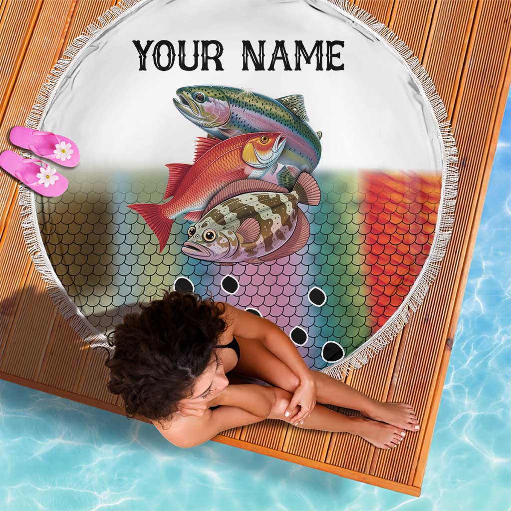 Multicolor Fish Pattern Design Beach Blanket Fishing Scaled Texture and Custom Name Print - Wonder Print Shop