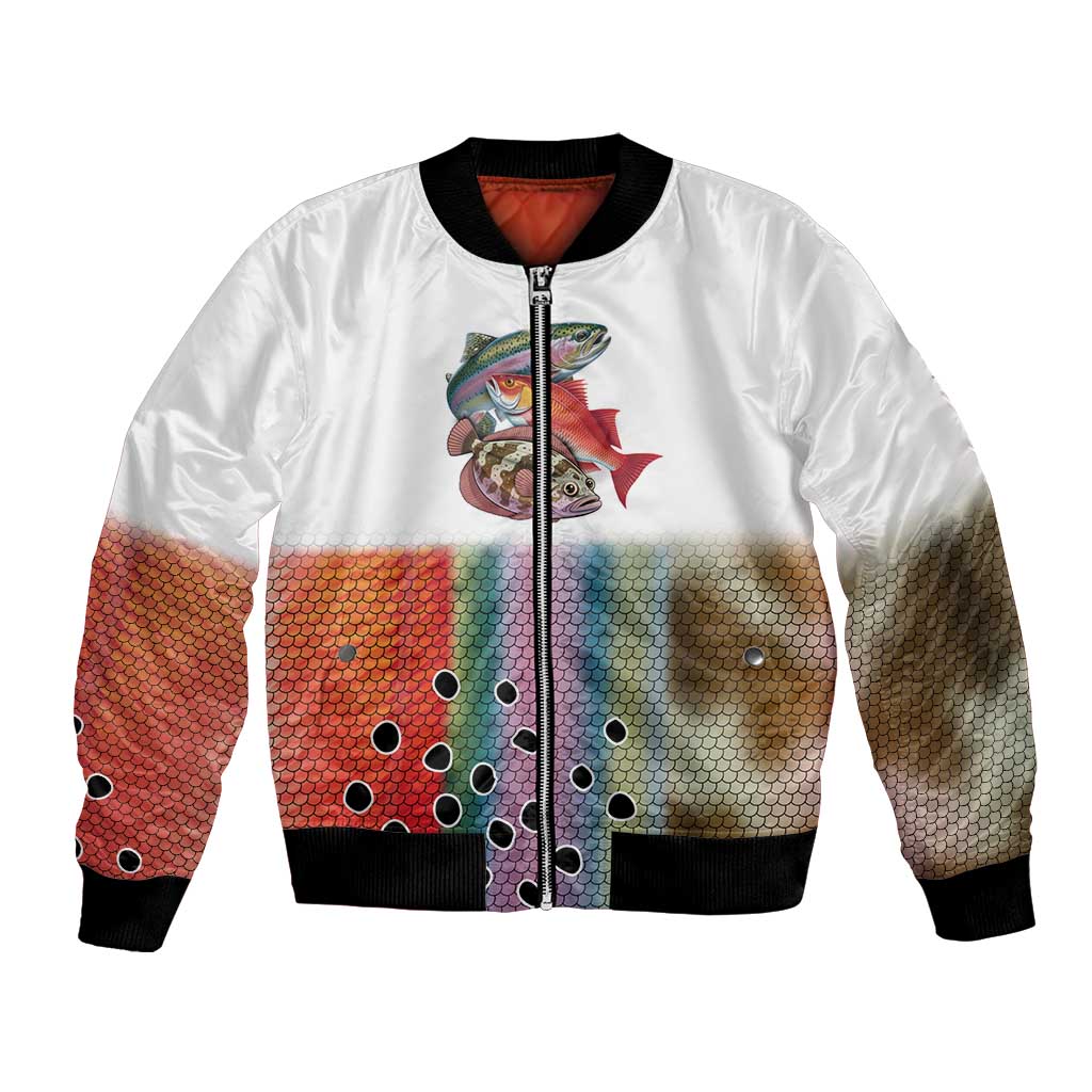 Multicolor Fish Pattern Design Bomber Jacket Fishing Scaled Texture and Custom Name Print - Wonder Print Shop