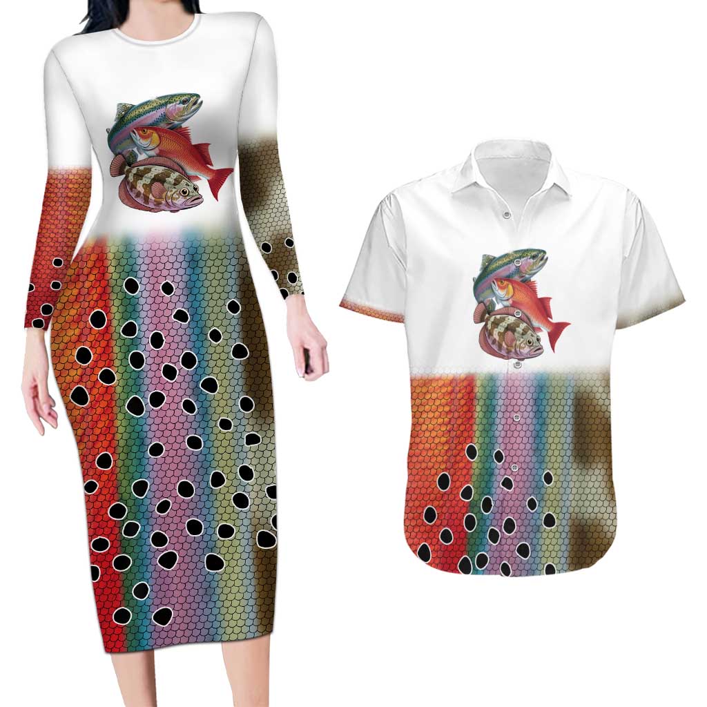 Multicolor Fish Pattern Design Couples Matching Long Sleeve Bodycon Dress and Hawaiian Shirt Fishing Scaled Texture and Custom Name Print - Wonder Print Shop