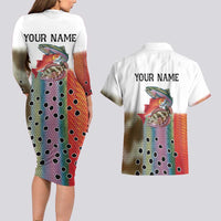 Multicolor Fish Pattern Design Couples Matching Long Sleeve Bodycon Dress and Hawaiian Shirt Fishing Scaled Texture and Custom Name Print - Wonder Print Shop
