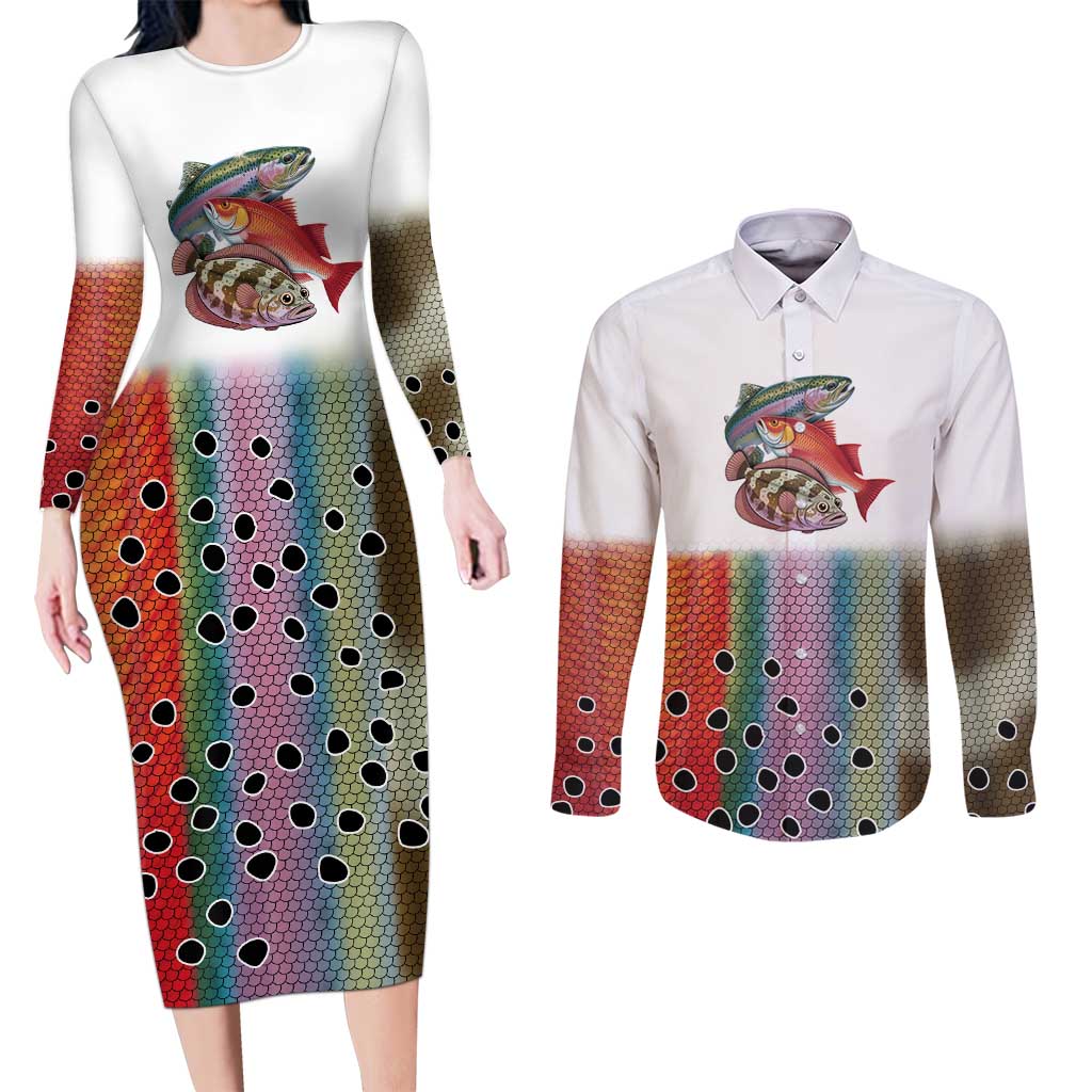 Multicolor Fish Pattern Design Couples Matching Long Sleeve Bodycon Dress and Long Sleeve Button Shirt Fishing Scaled Texture and Custom Name Print - Wonder Print Shop