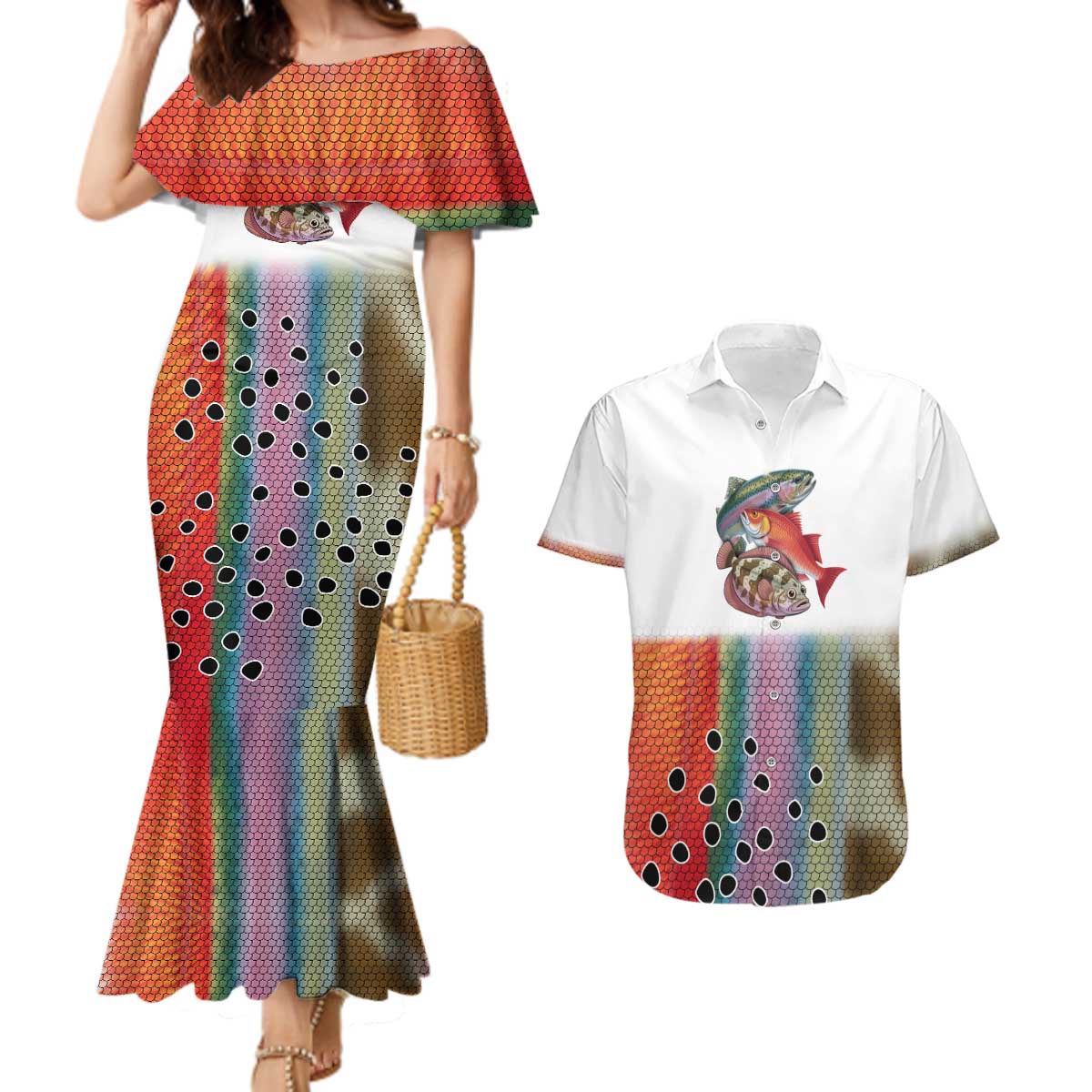 Multicolor Fish Pattern Design Couples Matching Mermaid Dress and Hawaiian Shirt Fishing Scaled Texture and Custom Name Print - Wonder Print Shop