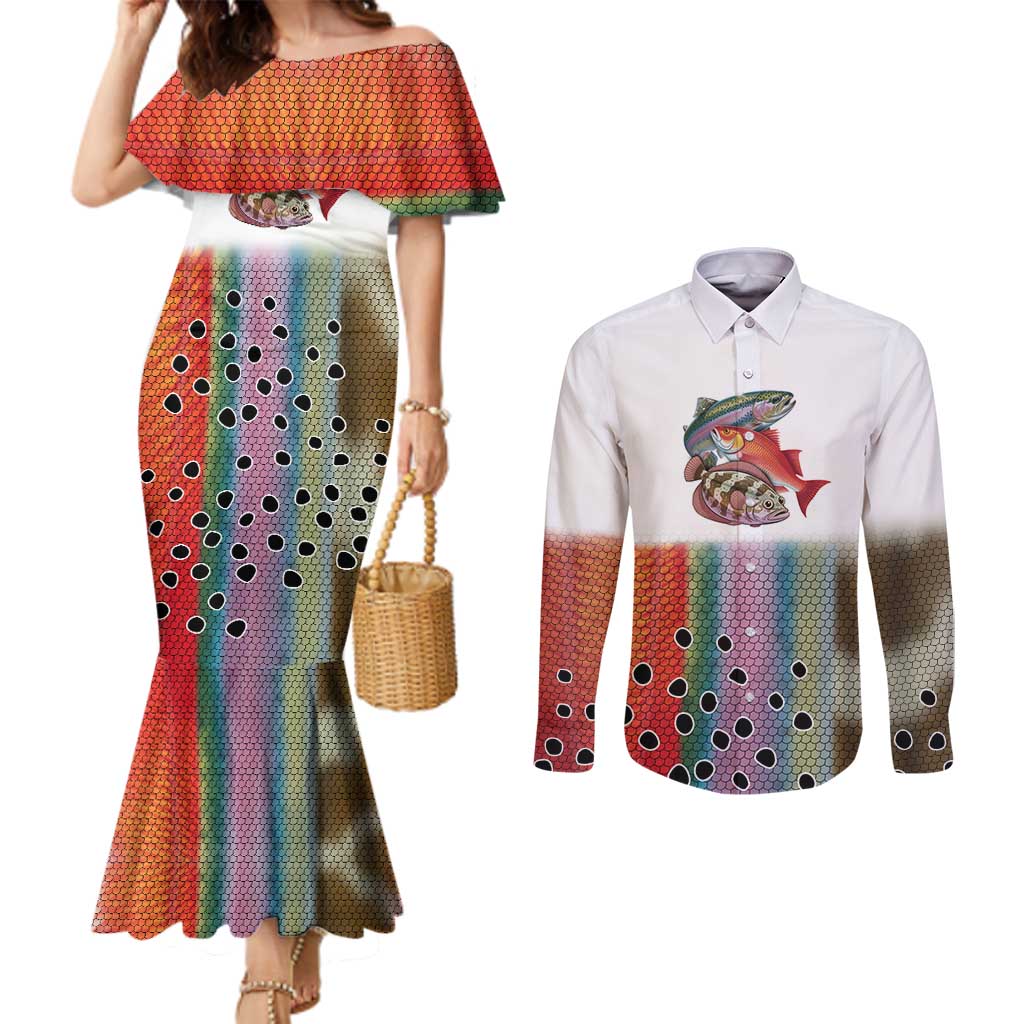 Multicolor Fish Pattern Design Couples Matching Mermaid Dress and Long Sleeve Button Shirt Fishing Scaled Texture and Custom Name Print - Wonder Print Shop