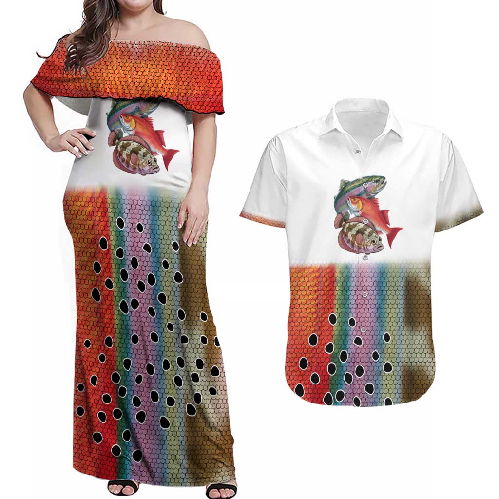 Multicolor Fish Pattern Design Couples Matching Off Shoulder Maxi Dress and Hawaiian Shirt Fishing Scaled Texture and Custom Name Print - Wonder Print Shop