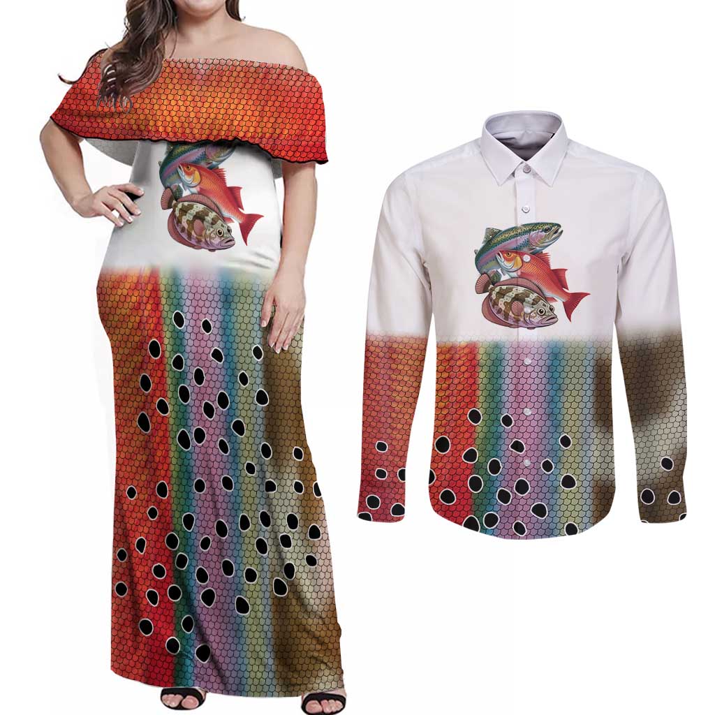 Multicolor Fish Pattern Design Couples Matching Off Shoulder Maxi Dress and Long Sleeve Button Shirt Fishing Scaled Texture and Custom Name Print - Wonder Print Shop