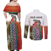 Multicolor Fish Pattern Design Couples Matching Off Shoulder Maxi Dress and Long Sleeve Button Shirt Fishing Scaled Texture and Custom Name Print - Wonder Print Shop