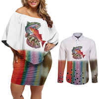 Multicolor Fish Pattern Design Couples Matching Off Shoulder Short Dress and Long Sleeve Button Shirt Fishing Scaled Texture and Custom Name Print - Wonder Print Shop