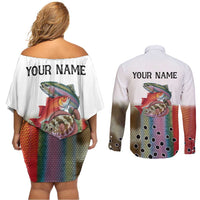 Multicolor Fish Pattern Design Couples Matching Off Shoulder Short Dress and Long Sleeve Button Shirt Fishing Scaled Texture and Custom Name Print - Wonder Print Shop