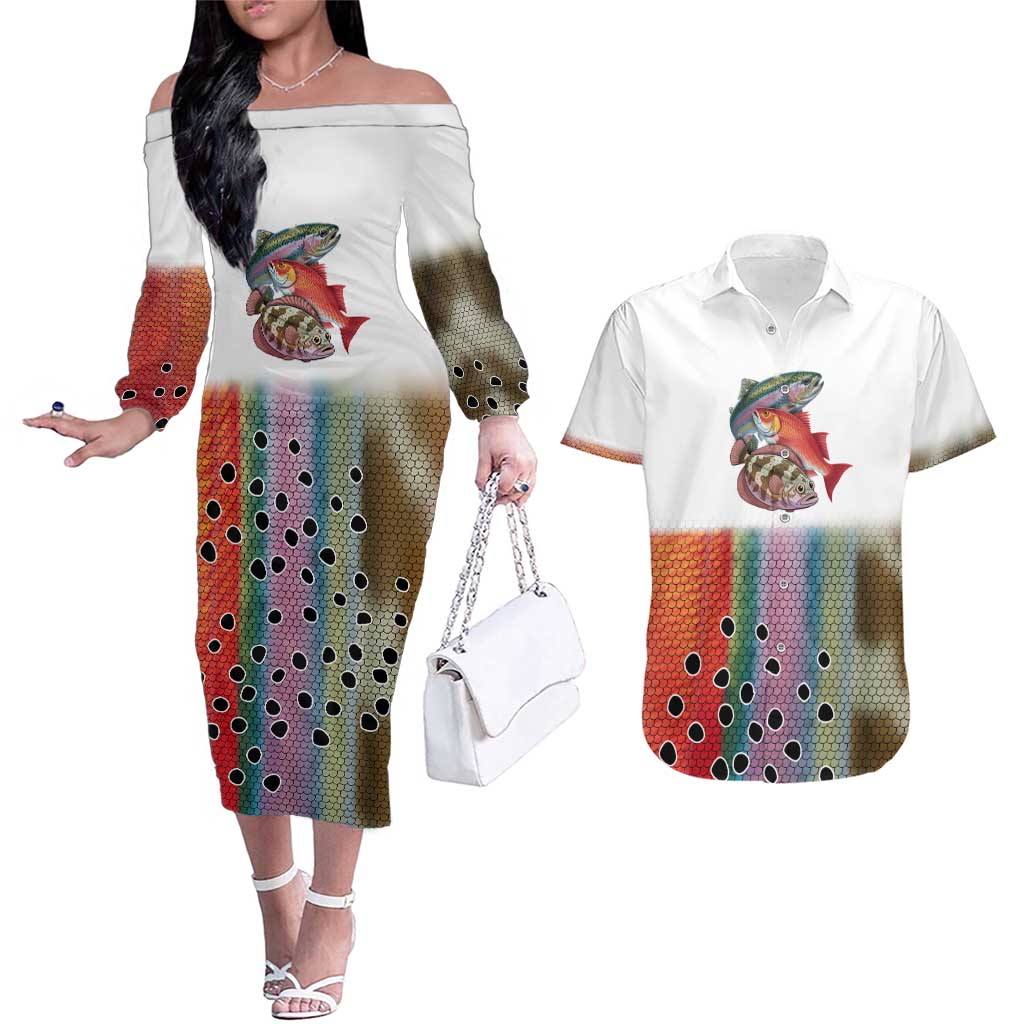 Multicolor Fish Pattern Design Couples Matching Off The Shoulder Long Sleeve Dress and Hawaiian Shirt Fishing Scaled Texture and Custom Name Print - Wonder Print Shop