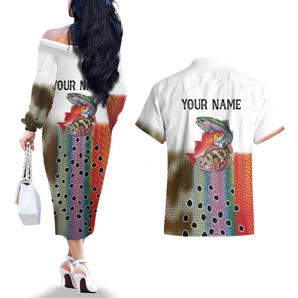 Multicolor Fish Pattern Design Couples Matching Off The Shoulder Long Sleeve Dress and Hawaiian Shirt Fishing Scaled Texture and Custom Name Print - Wonder Print Shop