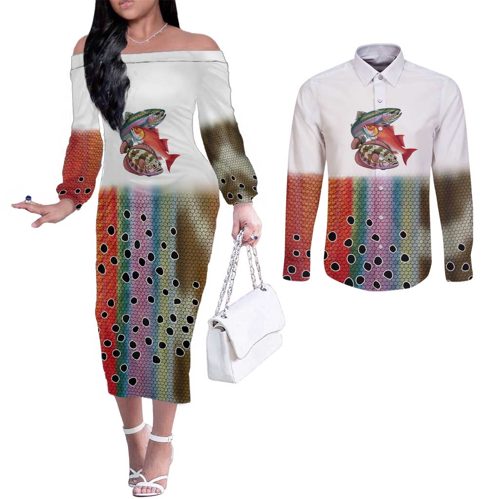 Multicolor Fish Pattern Design Couples Matching Off The Shoulder Long Sleeve Dress and Long Sleeve Button Shirt Fishing Scaled Texture and Custom Name Print - Wonder Print Shop