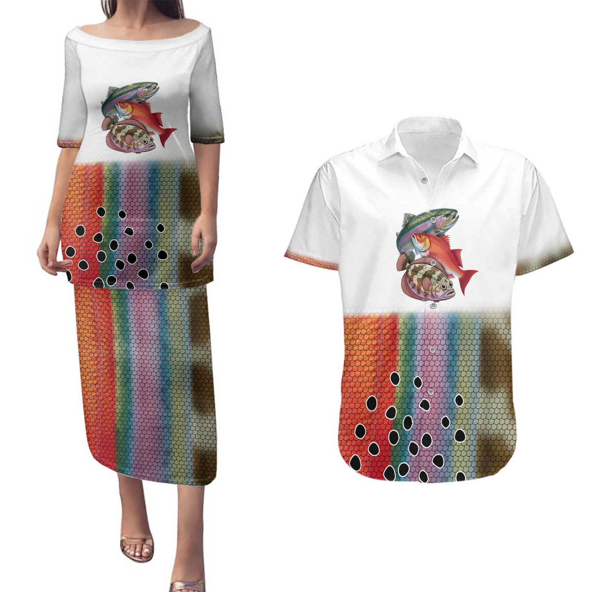 Multicolor Fish Pattern Design Couples Matching Puletasi and Hawaiian Shirt Fishing Scaled Texture and Custom Name Print - Wonder Print Shop