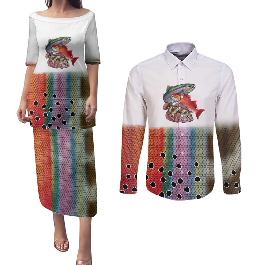 Multicolor Fish Pattern Design Couples Matching Puletasi and Long Sleeve Button Shirt Fishing Scaled Texture and Custom Name Print - Wonder Print Shop