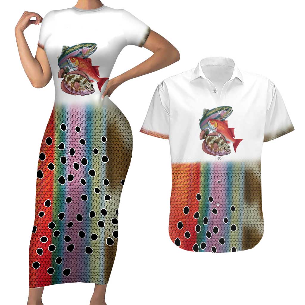 Multicolor Fish Pattern Design Couples Matching Short Sleeve Bodycon Dress and Hawaiian Shirt Fishing Scaled Texture and Custom Name Print - Wonder Print Shop
