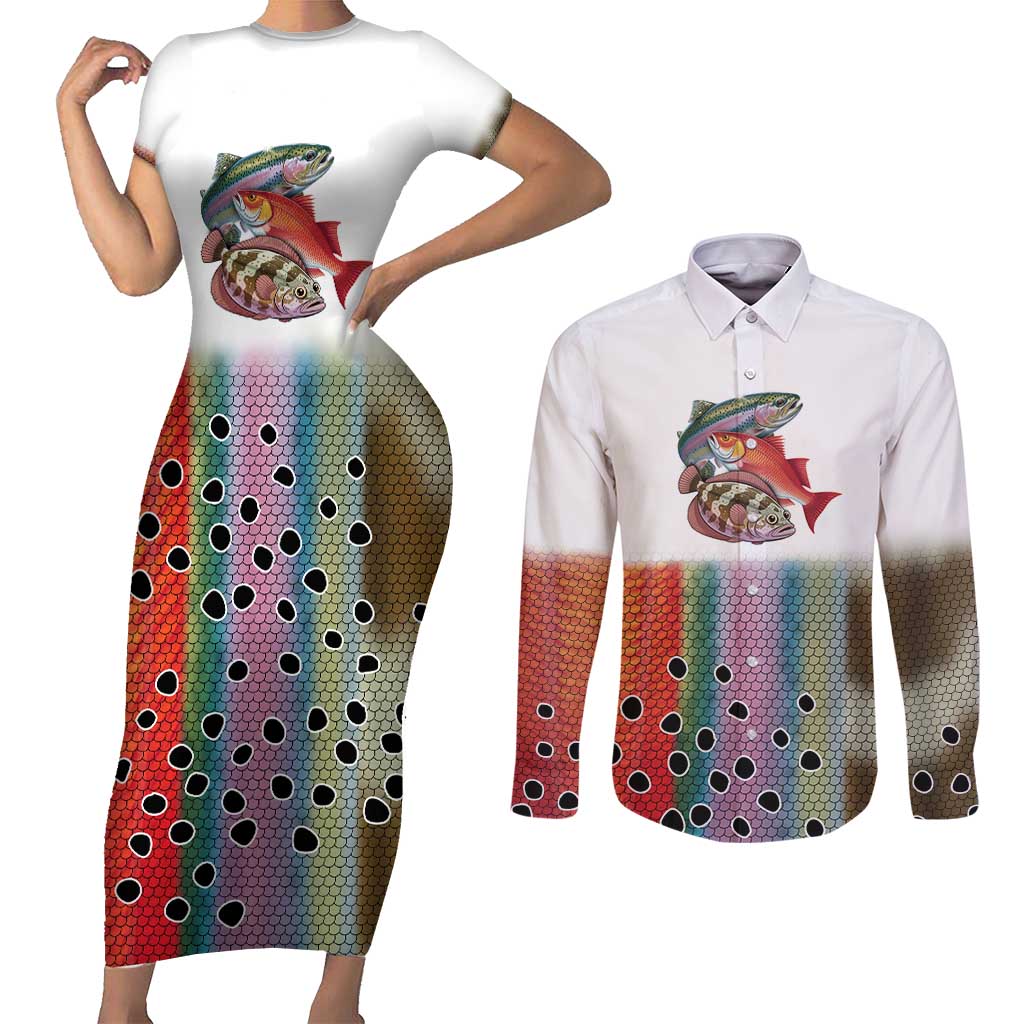 Multicolor Fish Pattern Design Couples Matching Short Sleeve Bodycon Dress and Long Sleeve Button Shirt Fishing Scaled Texture and Custom Name Print - Wonder Print Shop