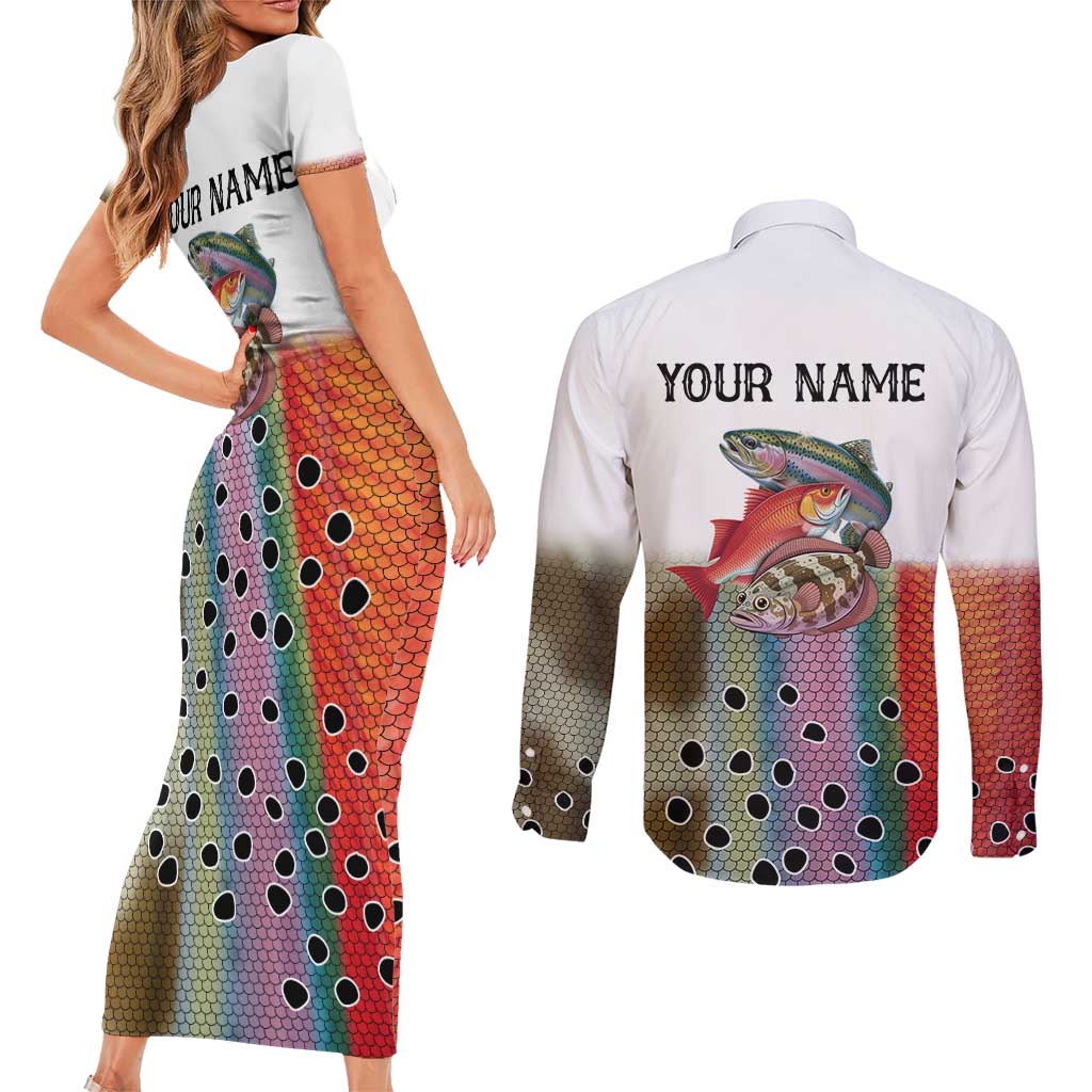 Multicolor Fish Pattern Design Couples Matching Short Sleeve Bodycon Dress and Long Sleeve Button Shirt Fishing Scaled Texture and Custom Name Print - Wonder Print Shop