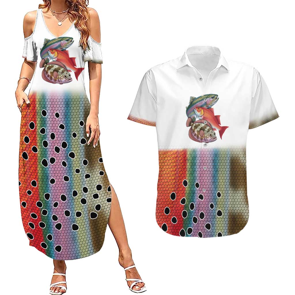 Multicolor Fish Pattern Design Couples Matching Summer Maxi Dress and Hawaiian Shirt Fishing Scaled Texture and Custom Name Print - Wonder Print Shop