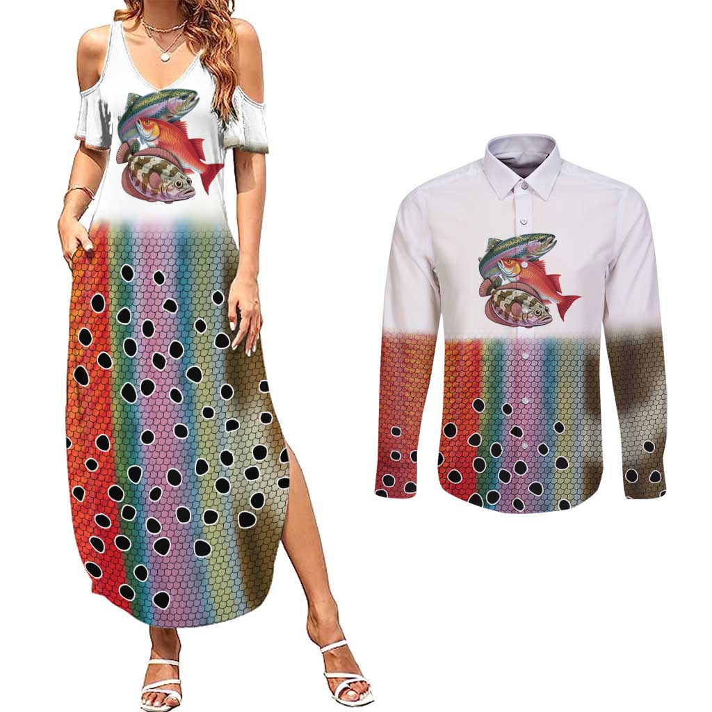 Multicolor Fish Pattern Design Couples Matching Summer Maxi Dress and Long Sleeve Button Shirt Fishing Scaled Texture and Custom Name Print - Wonder Print Shop