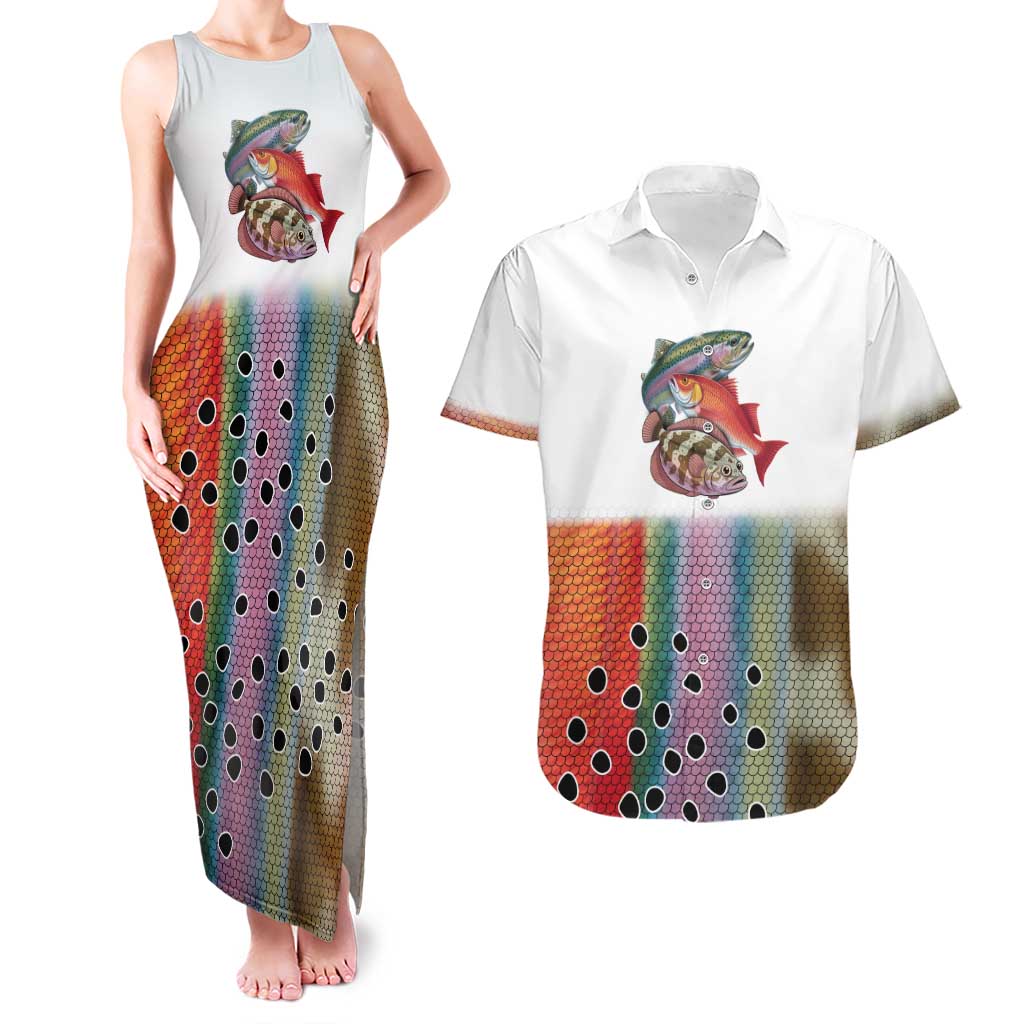 Multicolor Fish Pattern Design Couples Matching Tank Maxi Dress and Hawaiian Shirt Fishing Scaled Texture and Custom Name Print - Wonder Print Shop