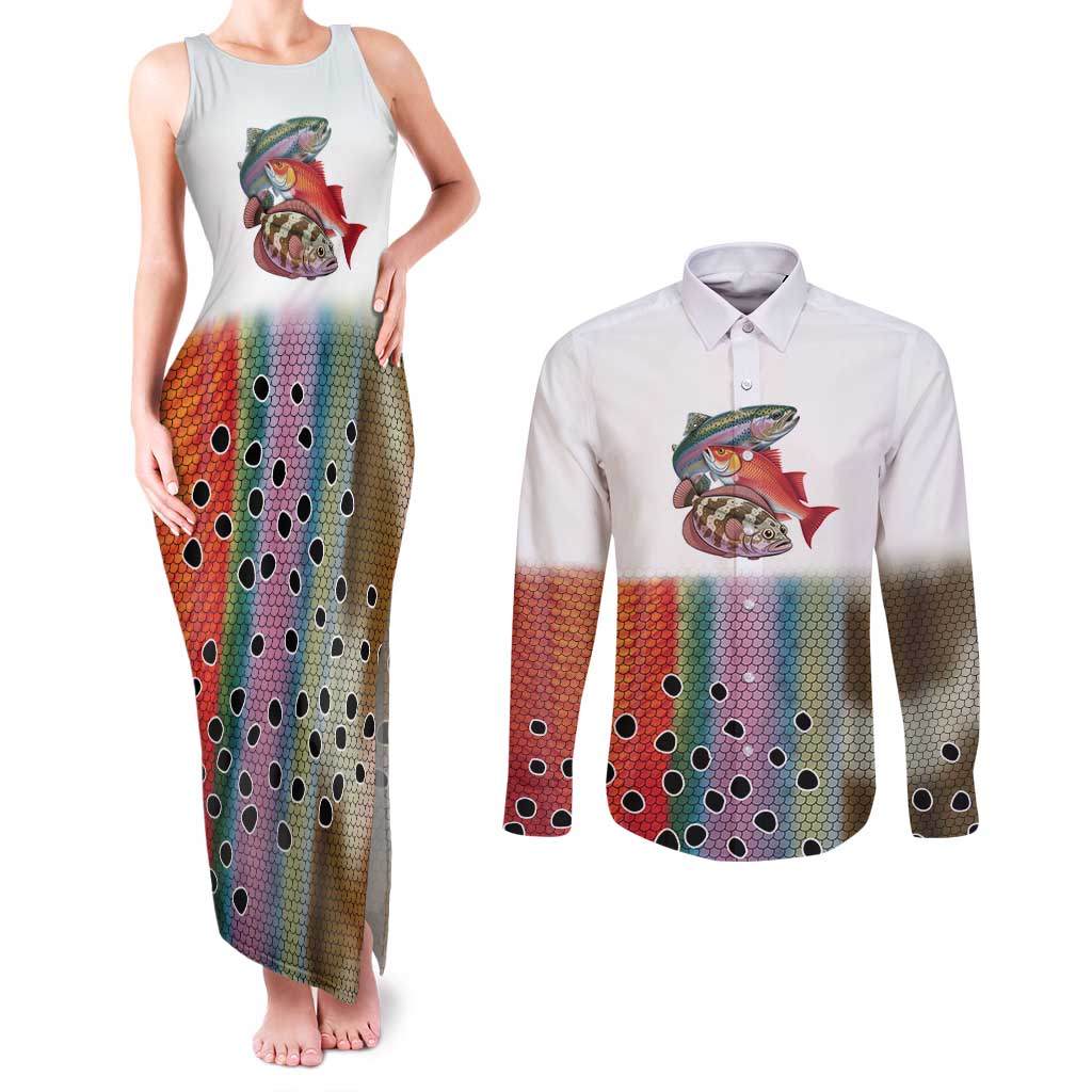 Multicolor Fish Pattern Design Couples Matching Tank Maxi Dress and Long Sleeve Button Shirt Fishing Scaled Texture and Custom Name Print - Wonder Print Shop
