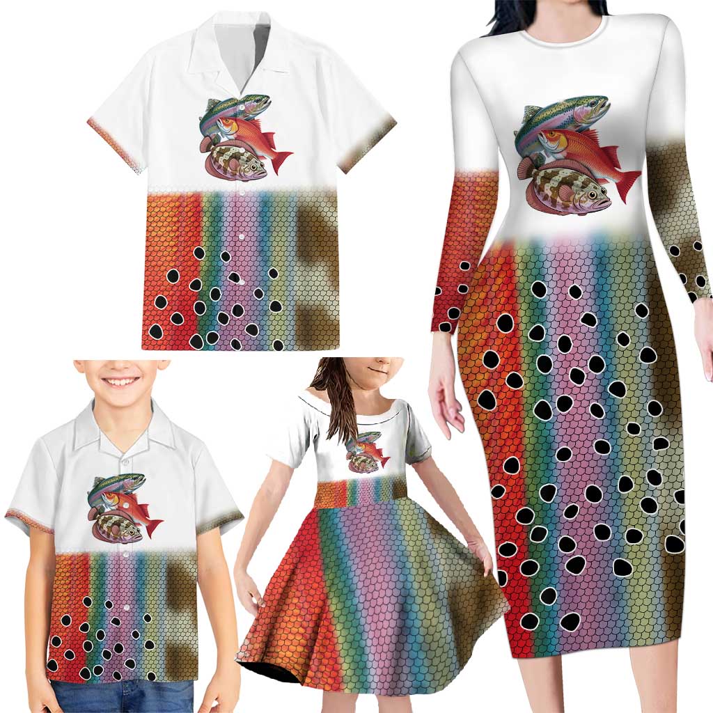 Multicolor Fish Pattern Design Family Matching Long Sleeve Bodycon Dress and Hawaiian Shirt Fishing Scaled Texture and Custom Name Print - Wonder Print Shop